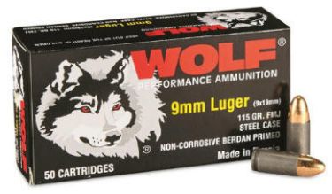Wolf Handgun Ammunition 9mm Luger (9x19) 115 grain FMJ 