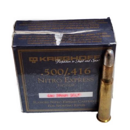 Krieghoff 500/416 Nitro Express 410 Grain Solid RN Ammo - Reloadable Brass Cases - pk/9
