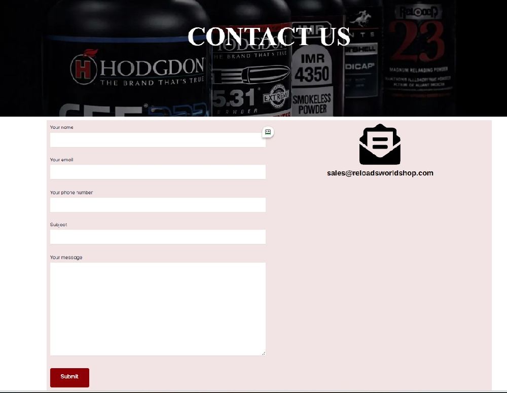 ReloadsWorldShop.com contact page displaying email contact information