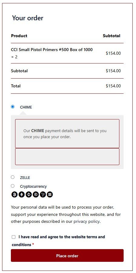 ReloadsWorldShop.com checkout displaying available payment methods